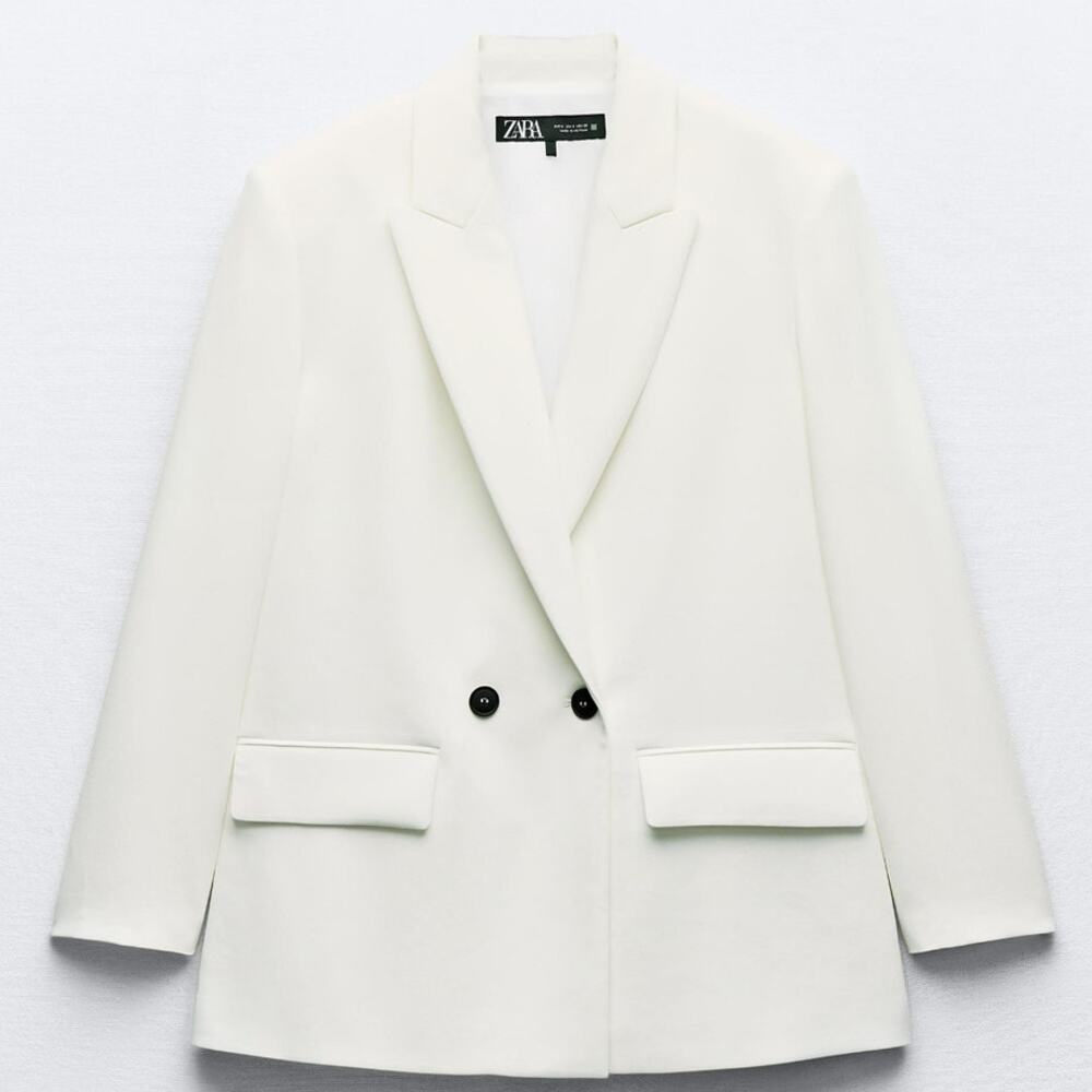 Zara Oversized Double Breasted Blazer With Shoulder Pads Ecru